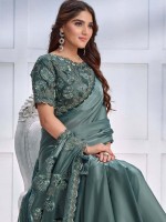 Teal Grey Crepe Satin Silk Saree